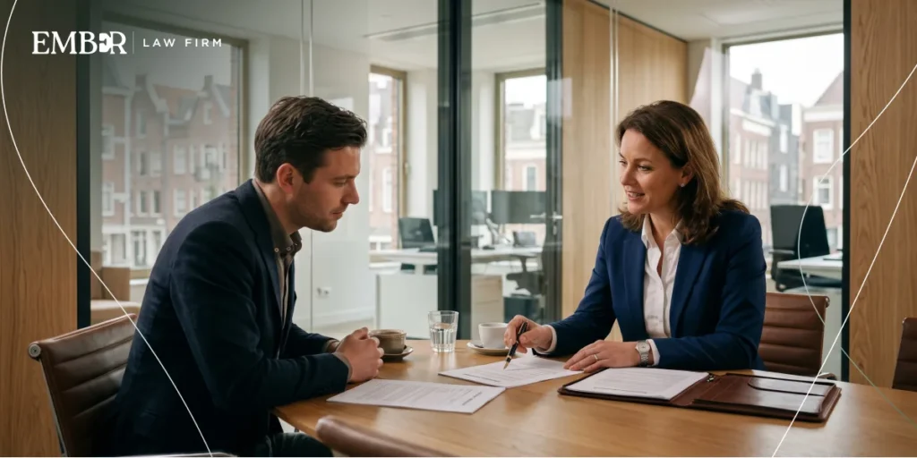 A dismissal lawyer helping a client review a settlement agreement in a modern office.