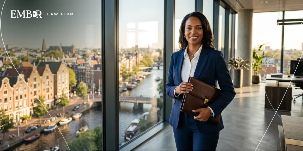 A successful international professional in a modern office, representing the Dutch highly skilled migrant scheme.