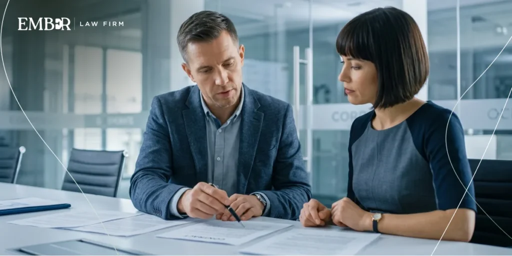 Business founders reviewing an employer of record contract to manage legal and compliance risks for international hires.