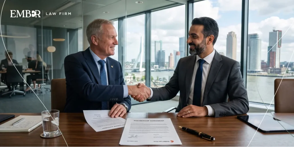 Two executives shaking hands after securing a contract compliant with NEN 4400-1 Certification.