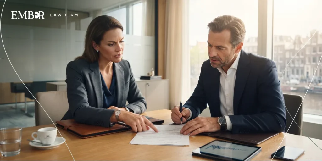 An employment lawyer guiding a client through the dismissal petition process and legal documentation.