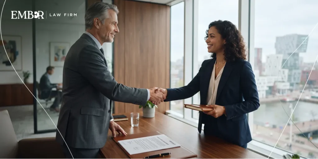 Shaking hands after successfully negotiating a settlement agreement to end an employment contract.